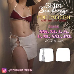 Può includere: Un cartamodello PDF per una gonna intitolato Skirt Sea breeze con istruzioni. Il modello include le taglie XSS, XS, S, M, L, XL, XXL, 3XL e 20% di elasticità. Un diagramma mostra una gonna bianca con tre anelli metallici sullo spacco.