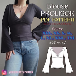 May include: A dark gray long-sleeve blouse with a V-neckline and flared sleeves, paired with blue jeans. Text reads: Blouse PROLISOK PDF PATTERN with instructions, Sizes: XSS, XS, S, M, L, XL, XXL, 3XL, 10% stretch, and @BOSORKANYA.PATTERN.