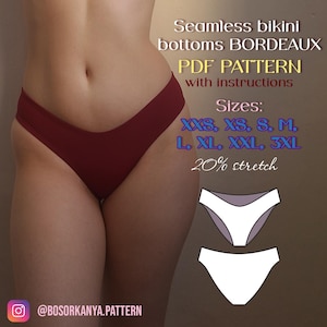 Könnte beinhalten: Ein nahtloses Bikiniunterteil als PDF-Schnittmuster in Bordeaux mit Anleitung. Der Text lautet: Seamless bikini bottoms BORDEAUX PDF PATTERN with instructions, Sizes: XXS, XS, S, M, L, XL, XXL, 3XL, 20% stretch und @BOSORKANYA.PATTERN. Enthält zwei weiße Diagramme.