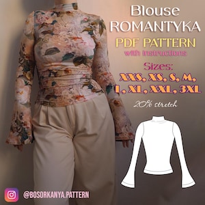 Può includere: Una camicetta a maniche lunghe con collo alto e stampa floreale nei toni del beige, marrone e rosa tenue. Il testo recita: BLOUSE ROMANTYKA PDF PATTERN with instructions, Sizes: XXS, XS, S, M, L, XL, XXL, 3XL, 20% stretch. Include un disegno al tratto.