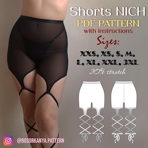 Peut inclure: Patron PDF de short noir transparent avec instructions, tailles XXS à 3XL, avec 20% d'élasticité. Le modèle présente une coupe taille haute avec des lanières intégrées qui s'entrecroisent sur les jambes. Inclut un dessin technique.