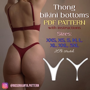 Può includere: Modello PDF di slip bikini a perizoma bordeaux con istruzioni. Taglie: XXS a 3XL. Il modello ha un'elasticità del 20%. L'immagine include anche un diagramma del design dello slip bikini.