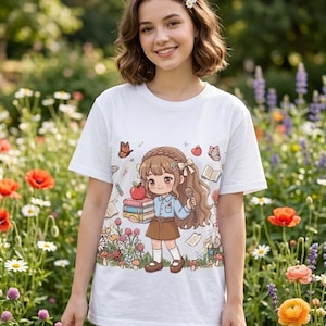 May include: White t-shirt with a cartoon illustration of a girl holding a microphone and books, surrounded by butterflies and flowers. The girl wears a blue shirt and brown skirt. The background is a field of colourful flowers.