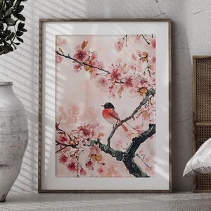Chinoiserie Sakura Bird Wall Art – Pink Cherry Blossom Print, Red Chinoiserie, Japanese Cherry Blossom Art, Digital Print Sakura, Flycatcher