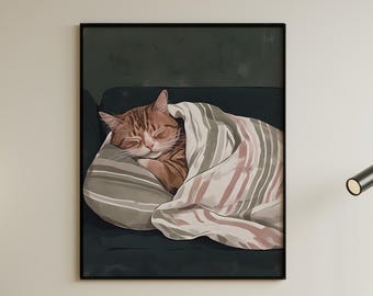 Sleeping Tabby Cat Art Print: Whimsical Green Home Decor (Digital Download)