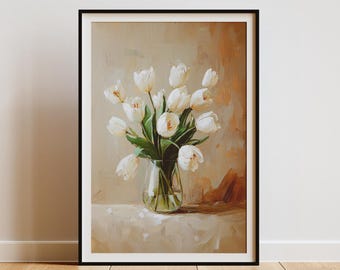 Pintura de bodegón con tulipanes blancos: Impresión botánica neutra (descarga digital)