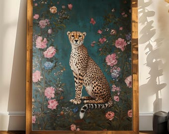 Cheetah Floral Art Print: Emerald Green Chinoiserie (Digital Download)