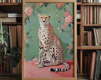 Cheetah Floral Print: Pink & Mint Chinoiserie Wall Art (Digital Download)