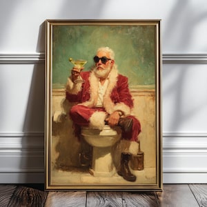 Cozy retro Christmas with a modern twist - Santa Claus is drinking martini in a bathroom taking a break from gift-giving duties.
bathroom wall decor
christmas art print
santa wall art
vintage santa print
funny bathroom art
christmas wall art
holiday wall art
christmas bathroom
bathroom poster
martini wall art
funny bathroom signs
whimsical christmas