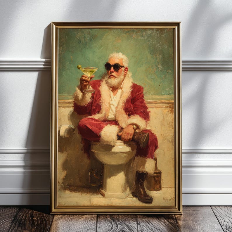 Cozy retro Christmas with a modern twist - Santa Claus is drinking martini in a bathroom taking a break from gift-giving duties.
bathroom wall decor
christmas art print
santa wall art
vintage santa print
funny bathroom art
christmas wall art
holiday wall art
christmas bathroom
bathroom poster
martini wall art
funny bathroom signs
whimsical christmas
