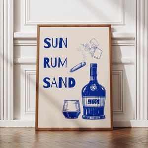 Typografia Rum Wall Art, Sun Salt Sand Blue Coastal Poster, Retro Summer Ocean Decor, Digital Beach House Download, Trendy Drinks Wall Art