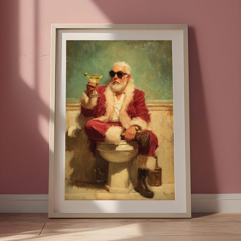Cozy retro Christmas with a modern twist - Santa Claus is drinking martini in a bathroom taking a break from gift-giving duties.
bathroom wall decor
christmas art print
santa wall art
vintage santa print
funny bathroom art
christmas wall art
holiday wall art
christmas bathroom
bathroom poster
martini wall art
funny bathroom signs
whimsical christmas