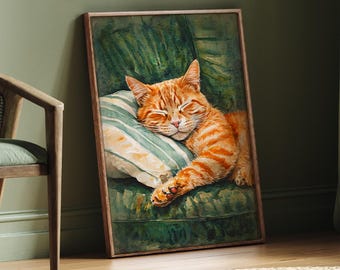 Ginger Cat Watercolor Art Print: Sleeping Cat Portrait (Digital Download)