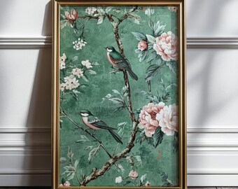 Lámina decorativa verde estilo chinoiserie con pájaros, arte mural floral Japandi (descarga digital)
