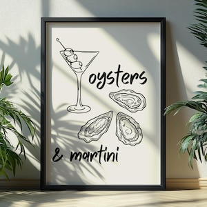 Oysters and Martini Poster, Seashell Martini Print, coastal bar cart, minimalist print poster, cocktail print, Shell Print, seafood poster