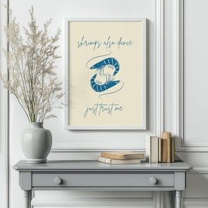 Blue Shrimp print, Dorm Wall Art, Minimalist Seafood Poster, Line Art Foodie Wall Decor, Whimsical Home Decor, Bar Cocktail Cart Decor