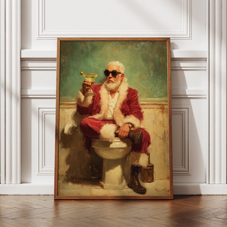 Cozy retro Christmas with a modern twist - Santa Claus is drinking martini in a bathroom taking a break from gift-giving duties.
bathroom wall decor
christmas art print
santa wall art
vintage santa print
funny bathroom art
christmas wall art
holiday wall art
christmas bathroom
bathroom poster
martini wall art
funny bathroom signs
whimsical christmas