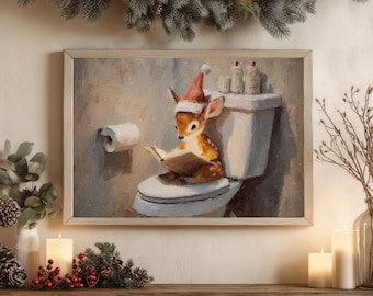 Ilustração divertida de rena para o Natal - Decoração de banheiro para as festas de fim de ano (Download digital)