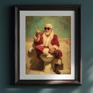 Cozy retro Christmas with a modern twist - Santa Claus is drinking martini in a bathroom taking a break from gift-giving duties.
bathroom wall decor
christmas art print
santa wall art
vintage santa print
funny bathroom art
christmas wall art
holiday wall art
christmas bathroom
bathroom poster
martini wall art
funny bathroom signs
whimsical christmas