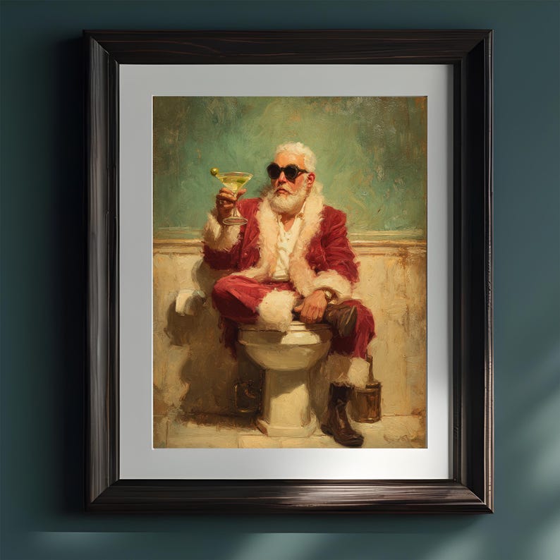 Cozy retro Christmas with a modern twist - Santa Claus is drinking martini in a bathroom taking a break from gift-giving duties.
bathroom wall decor
christmas art print
santa wall art
vintage santa print
funny bathroom art
christmas wall art
holiday wall art
christmas bathroom
bathroom poster
martini wall art
funny bathroom signs
whimsical christmas