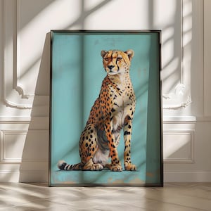 Cheetah Digital Print, Vintage Leopard Wall Art | Turquoise Blue Background | cheetah print wall art |  Cheetah on turquoise blue background