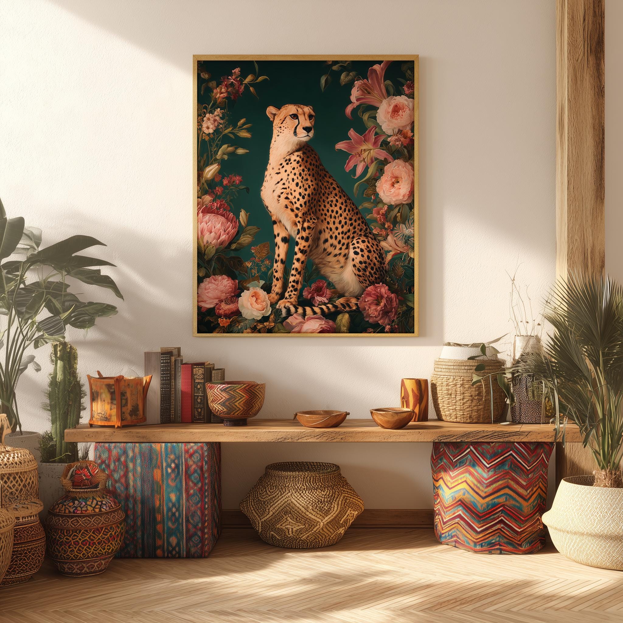 Floral Cheetah Print - Pink and Green Dopamine Poster, Wild Animal ...