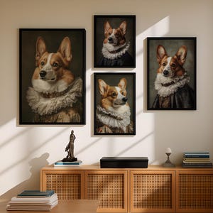 May include: Four framed portraits of a Corgi dog in period clothing, including a ruffled collar. The dog has a brown and white coat, with a serious expression. The frames are black, and the background is a muted green. The portraits hang on a wall.