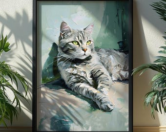 Grey Tabby Cat Art Print | Boho Portrait (Digital Download)