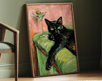 Black Cat Martini Art Print - Vintage Style Wall Art (Digital Download)