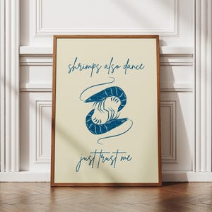Blue Shrimp print, Kitchen Wall Art, Minimalist Seafood Poster, Line Art Foodie Wall Decor, Whimsical Home Decor, Bar Cocktail Cart Decor
