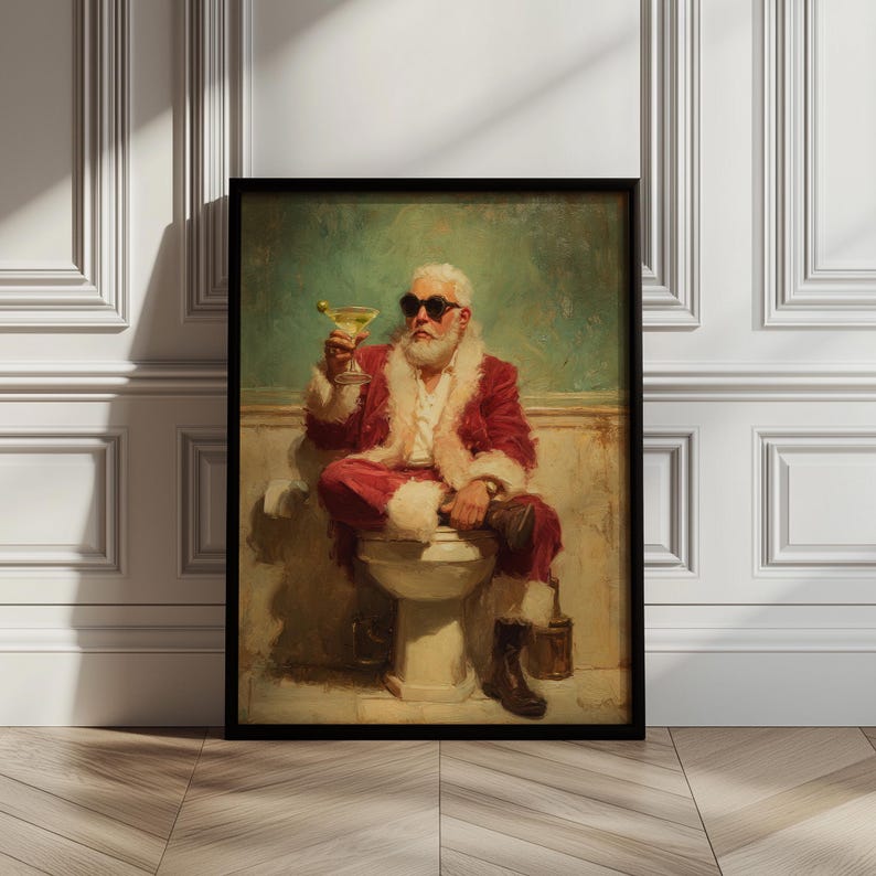 Cozy retro Christmas with a modern twist - Santa Claus is drinking martini in a bathroom taking a break from gift-giving duties.
bathroom wall decor
christmas art print
santa wall art
vintage santa print
funny bathroom art
christmas wall art
holiday wall art
christmas bathroom
bathroom poster
martini wall art
funny bathroom signs
whimsical christmas