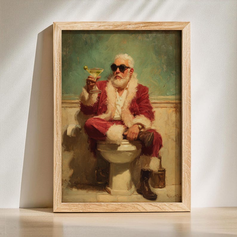 Cozy retro Christmas with a modern twist - Santa Claus is drinking martini in a bathroom taking a break from gift-giving duties.
bathroom wall decor
christmas art print
santa wall art
vintage santa print
funny bathroom art
christmas wall art
holiday wall art
christmas bathroom
bathroom poster
martini wall art
funny bathroom signs
whimsical christmas