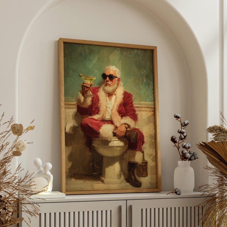 Cozy retro Christmas with a modern twist - Santa Claus is drinking martini in a bathroom taking a break from gift-giving duties.
bathroom wall decor
christmas art print
santa wall art
vintage santa print
funny bathroom art
christmas wall art
holiday wall art
christmas bathroom
bathroom poster
martini wall art
funny bathroom signs
whimsical christmas