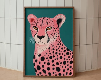 Pink Cheetah Art Print, Teal Green Jungle Animal Poster (Digital Download)