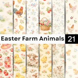 Puede incluir: Una colección digital de 21 patrones continuos con animales de granja de Pascua, incluyendo pollitos, gallinas, un ternero y un cordero, junto a motivos florales, fresas, mariposas y una cesta de flores, con el texto Easter Farm Animals 21.