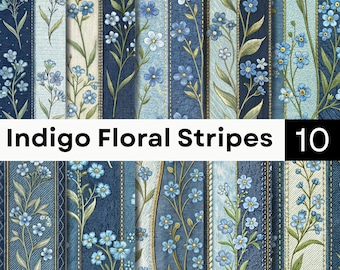 Nahtlose Indigo-Blumenmuster | Blaues botanisches Digitalpapier | Gestreiftes Stoffmuster-Set