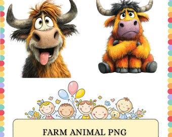 Highland Cow PNG Bundle | Rustic Farm Animal Fluffy Cow | Sublimation Clipart Graphics Design Pack