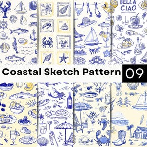 May include: A digital collage featuring a coastal sketch pattern with blue ink illustrations of marine life, sailboats, beach gear, and food items on a cream background. The text Coastal Sketch Pattern 09 is displayed in a black rectangular box.