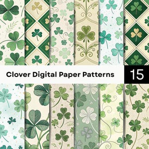 Puede incluir: Una colección de 15 patrones de papel digital con diversos diseños de tréboles en tonos verdes, crema y blancos. Los patrones incluyen ilustraciones de tréboles de tres y cuatro hojas, cuadrículas de diamantes geométricos y motivos botánicos.