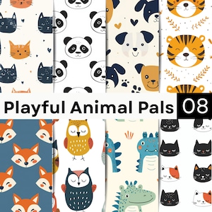 Pode incluir: Uma coleção digital de oito padrões contínuos com rostos de animais ilustrados, incluindo gatos, pandas, cães, tigres, raposas, corujas e crocodilos. O texto Playful Animal Pals 08 é exibido em uma faixa retangular preta e branca.