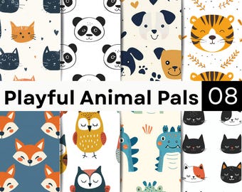 Animal Face Digital Paper | Dog Cat Panda Tiger Seamless JPG Patterns | Kids Nursery Background