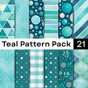 May include: A digital collection titled Teal Pattern Pack 21 featuring twelve distinct designs in shades of teal, blue, and white. Patterns include geometric triangles, polka dots, circles, horizontal stripes, plaid, leaves, and quatrefoil shapes.