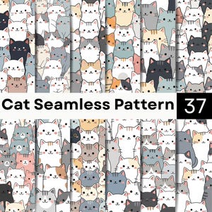 May include: A seamless digital pattern featuring a repeating array of cartoon cats in various colors including white, gray, black, orange, and blue. The cats have simple facial features and are arranged in a dense, overlapping grid. Text reads Cat Seamless Pattern 37.