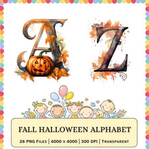 Peut inclure: Un ensemble graphique numérique intitulé FALL HALLOWEEN ALPHABET présentant les lettres A et Z décorées de feuilles d'automne orange et brunes et d'une citrouille jack-o'-lantern, ainsi qu'une illustration de cinq enfants et un chien.
