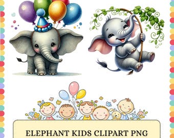Elephant PNG Bundle | Baby Cartoon Playful Nursery Animals | Sublimation Clipart Graphics Design Pack