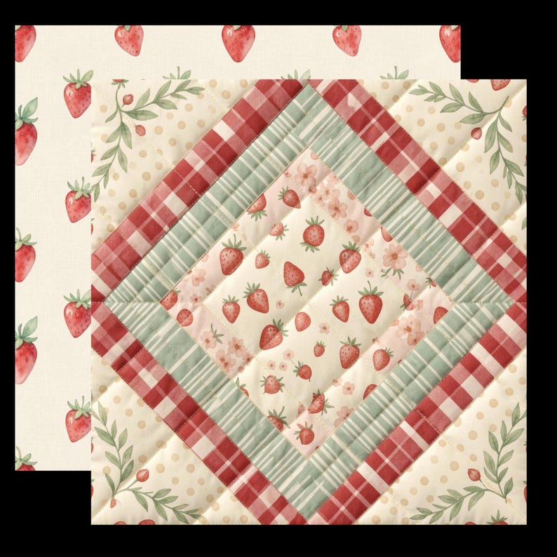 May include: A quilted fabric square featuring a central diamond pattern of strawberries and small flowers, bordered by alternating bands of red gingham and sage green stripes, set against a background of strawberries and green leafy vines.