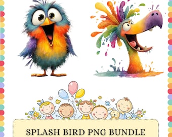 Colorful Bird PNG Bundle | Funny Splash Cartoon Rainbow Paint | Sublimation Clipart Graphics Design Pack