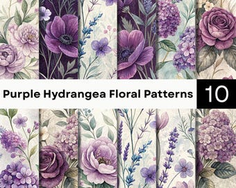 Digitales Papier mit lila Hortensienmotiv | Aquarell-Blumenhintergründe | Lavendelgarten-Musterpaket
