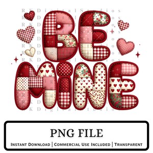 Puede incluir: Un diseño de San Valentín con las palabras "BE MINE" en un estilo patchwork. Las letras están rellenas de varios patrones, incluyendo corazones, lunares e impresiones florales. Varios acentos en forma de corazón están dispersos alrededor del texto.