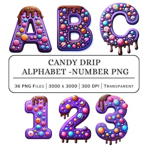 Puede incluir: Un gráfico digital con las letras A, B y C, y los números 1, 2 y 3, todos diseñados con un tema de dulces. Las letras y los números son morados con decoraciones de caramelos coloridos y goteos de chocolate. Incluye el texto "CANDY DRIP ALPHABET -NUMBER PNG".
